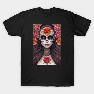 Woman in Traditional Sugar Skull Makeup - Sugar Skull Art T-Shirt